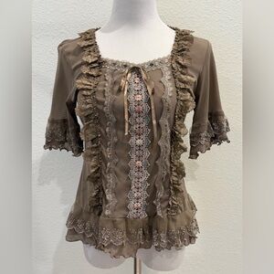 Vintage Y2K Pretty Angel Women’s Fairy Boho Top Small Lace Embroidery Silk